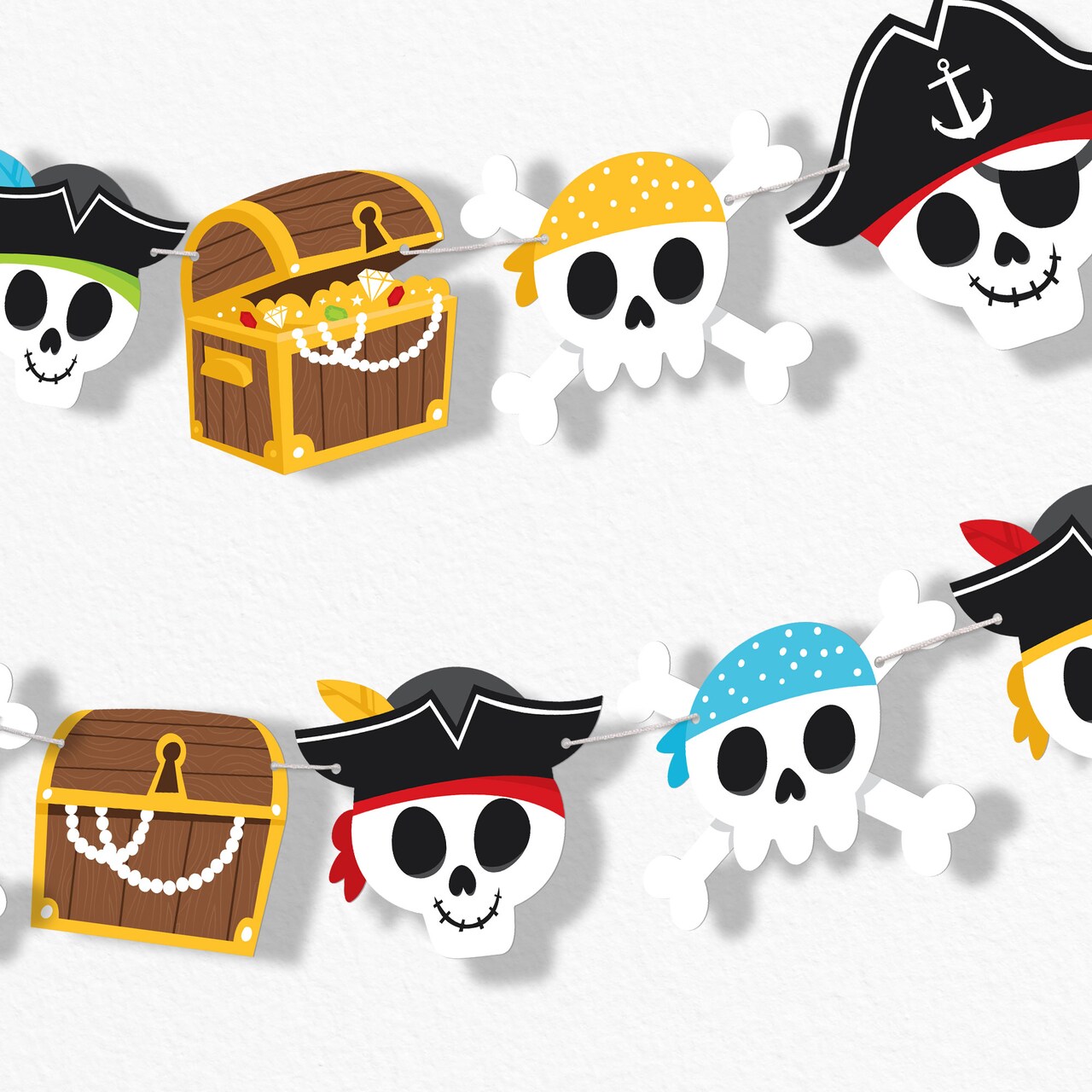 Big Dot of Happiness Pirate Ship Adventures Garland Banner Kids Birthday Backdrop 30 Ft of Cord 15 Double Sided Paper Skulls and Treasure Chest Shapes